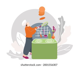 vector illustration. Chef prepares delicious healthy food by the stove. Suitable for flyers, advertisements, social media posts.