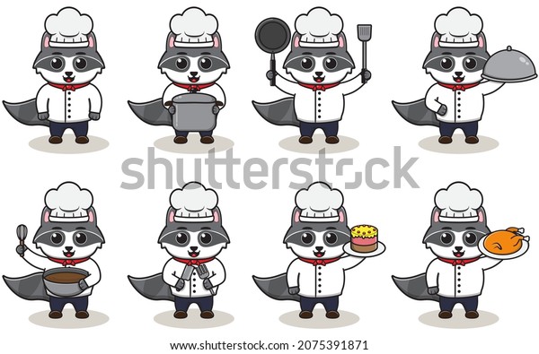 Vector Illustration Of Chef Raccoon cartoon. Vector\
set of Animal chef character in different actions. Cute animals in\
chef uniform set.