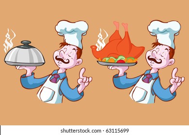 vector illustration, chef serving dinner, cartoon concept.