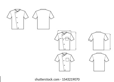 Vector illustration with chef shirts with buttons, sizes and scheme of chef shirts with arrows