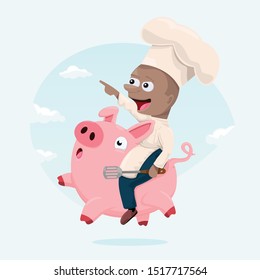 vector illustration of a chef sitting on a flying pig