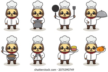 Vector Illustration Of Chef Sloth cartoon. Vector set of Animal chef character in different actions. Cute animals in chef uniform set.