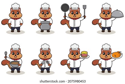 Vector Illustration Of Chef Squirrel cartoon. Vector set of Animal chef character in different actions. Cute animals in chef uniform set.