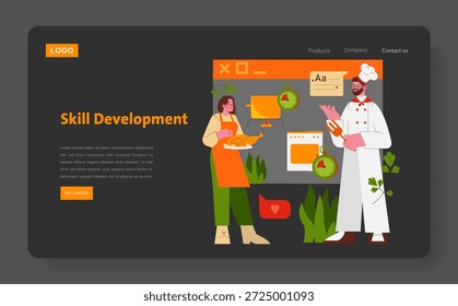 Vector illustration of a chef teaching cooking skills in an online course. A man dressed as a chef interacts with a participant holding a dish. Elements include kitchen tools and educational icons.