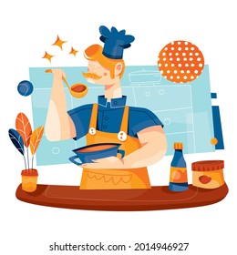 Vector illustration of chef. The chef is trying a new dish. Сhef in the kitchen interior design.