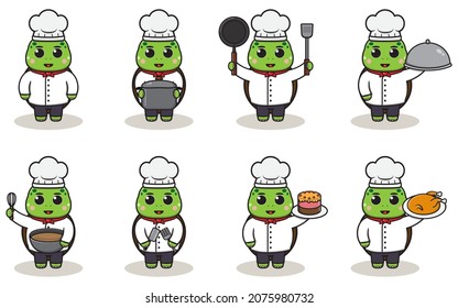 Vector Illustration Of Chef Turtle cartoon. Vector set of Animal chef character in different actions. Cute animals in chef uniform set.