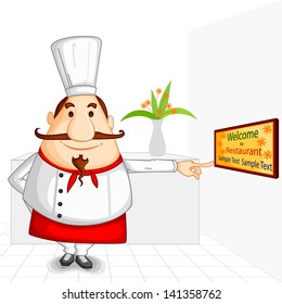 vector illustration of chef welcoming in restaurant