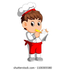vector illustration of chef writing down new recipe to notebook
