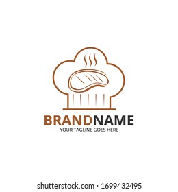 Vector illustration of chef's hat and grilled steak. Perfect for restaurant logo
