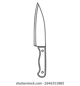 A vector illustration of a chefs knife with a detailed wooden handle and a sharp blade, presented in a minimalist black and white line art style.