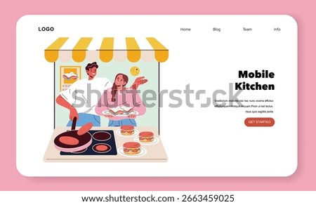Vector illustration of chefs in a mobile kitchen cooking burgers and smiling at each other. The joyful atmosphere highlights teamwork and culinary creativity.