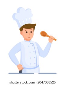 Vector illustration of chef's tasting. Chef on white background. Head chef in a cap symbol or logo. 