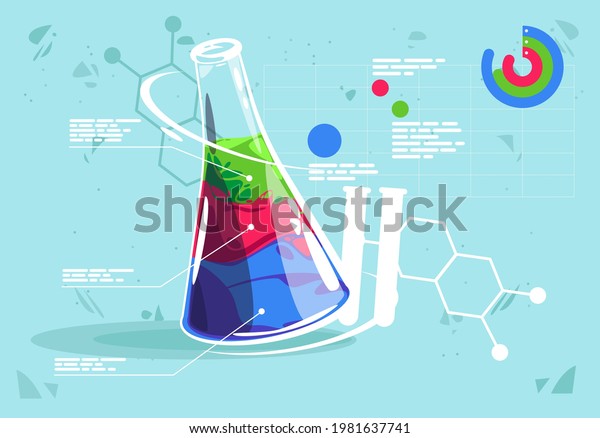Vector illustration of a\
chemical flask with three different liquids, description of\
chemical liquids, graphic elements and graphs of chemical\
composition analysis