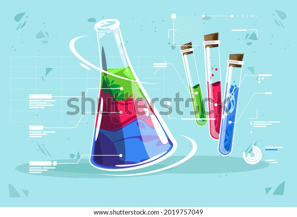 Vector illustration of a chemical flask with three\
small glass tubes with various liquids, description of chemical\
liquids, graphic elements and graphs of chemical composition\
analysis, graphic\
futuri