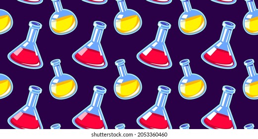 Vector illustration of chemical flask with yellow and red liquid on dark background. Science seamless pattern. Bright design for web, site, banner, poster