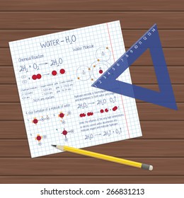 Vector illustration with chemical formulas on a copybook paper, rulers and pencil on wood background