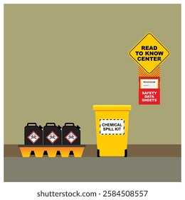 Vector illustration of chemical handling safety facility standard for industry, factory. Secondary containment, signage, spill kit, and safety data sheet document.