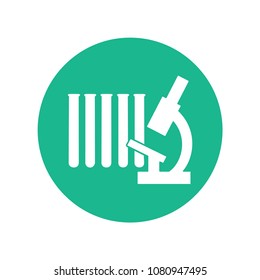 Vector illustration of chemical lab test tube and microscope icon. Micro biology laboratory flask symbol. Scientist laboratory equipment isolated.