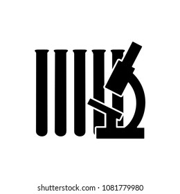 Vector illustration of chemical lab test tube and microscope icon. Micro biology laboratory flask symbol. Scientist laboratory equipment isolated.