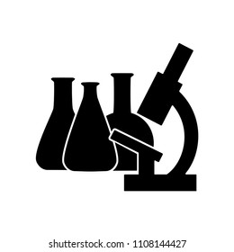 Vector illustration of chemical lab test tube and microscope icon. Micro biology laboratory flask symbol. Scientist laboratory equipment isolated.