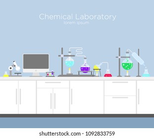 Vector illustration of chemical laboratory. Chemistry infographic s with various chemical solutions and reactions, computer and different tools in flat cartoon style.