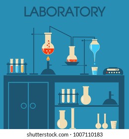 Vector illustration of chemical laboratory equipment objects with a series of flasks.