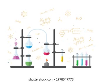 Vector illustration of a chemical laboratory with flasks and beakers, background of chemical formulas.