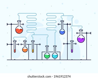 Vector illustration with chemical laboratory in flat line style. Flasks with color liquid and blue tubes.