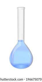 Ilustración vectorial del matraz volumétrico químico o médico transparente de vidrio de laboratorio lleno de líquido azul, matraz de medida, icono del matraz graduado aislado en blanco. Vasos de laboratorio.