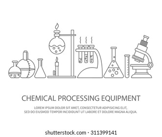 Vector Illustration Of Chemical Processing Equipment - Beaker, Burner, Test Tubes, Microscope, Retorts. Trendy Linear Design On Isolated Background. Concept Design For Chemistry, Medicine, Science Etc