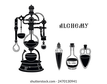 Vector illustration. Chemical reaction. Bottles 
 with elixir. Alchemical laboratory. Chemical reaction. Alchemist's equipment. Graphic arts. Ancient medical equipment. Magic bottles.