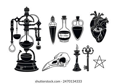 Vector illustration. Chemical reaction. Bottles 
 with elixir. Alchemical laboratory. Chemical reaction. Alchemist's equipment. Graphic arts. Heart with an eye. Set of alchemical elements. Crow Skull