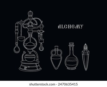 Vector illustration. Chemical reaction. Bottles 
 with elixir. Alchemical laboratory. Chemical reaction. Alchemist's equipment. Graphic arts. Ancient medical equipment. Magic bottles.