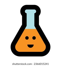 Vector illustration of chemical substance flask icon with steam. Drawing of chemistry laboratory substance. Formula of happiness. Happy chemical substance.