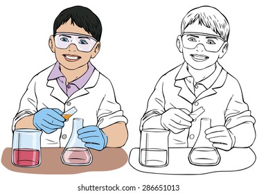 Vector illustration, chemist kid, coloring drawing, card concept, white background.