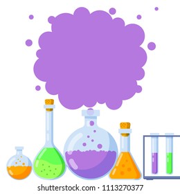 Vector illustration, chemistry icons set in a banner design. Laboratory flasks with different colorful fluids and space for text.