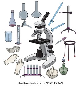 Vector illustration, chemistry lab gear, cartoon concept, white background.