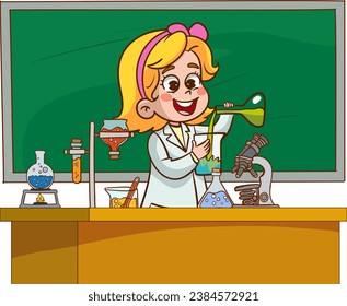 Vector illustration of a chemistry lesson with a cute students in a lab.