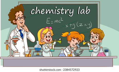 Vector illustration of a chemistry lesson with a cute students in a lab.