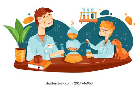 Vector illustration of chemistry lesson. Little science boy with teacher in school laboratory. Chemical experiment. 