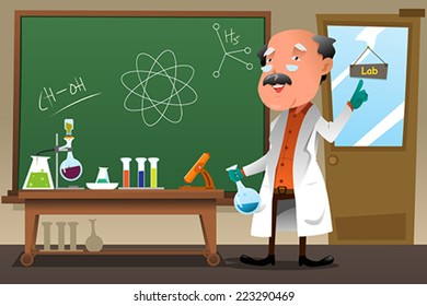 A vector illustration of chemistry professor working at the lab