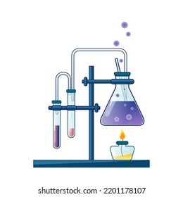 Vector illustration of chemistry reaction with flask, spirit lamp, test-tube. Pharmacy and genetics equipment for scientific experiments. Lab research, testing, studies in chemistry, physics, biology.