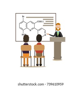 Vector illustration of chemistry teacher, university professor giving lecture. Science people concept flat style design element, icon isolated on white background.