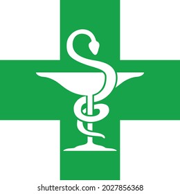 Vector illustration of a chemist's symbol. Color graphics of a green and white drugstore sign
