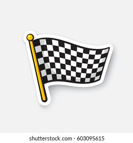 Vector illustration. Chequered racing flag on flagstaff. Cartoon sticker with contour. Decoration for greeting cards, patches, prints for clothes, badges, posters, emblems