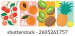Vector Illustration of Cherries, Apricots, Kiwis, and Pineapple – Colorful Fresh Tropical Fruits