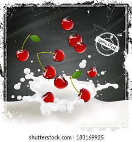 Vector Illustration of Cherries falling into a Splash of Milk