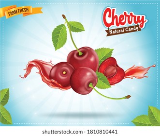 Vector illustration of cherries fruit in the air on  blue background