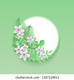 Vector illustration of cherry or apple flowers with fresh green leaves on round badge with copy space isolated on tender background. Beautiful natural decorative element for floral design.