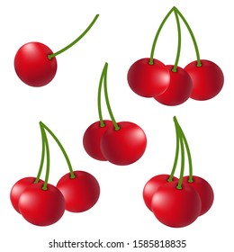 Vector illustration: cherry berries isolated on white background. Single double and triple berries on a handle, realistic coloring. Bright, juicy, summer cherries goodies. eps 10.